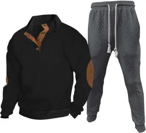 Sweatsuits Men 2 piece Outfit Casual jacquard Stand Collar Elbow Patch Sweatshirts Long Pants Outdoor Sport Clothes