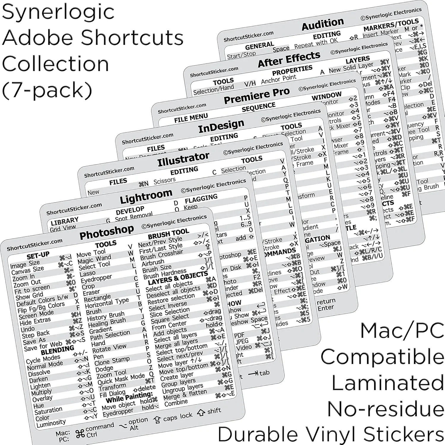 SYNERLOGIC Adobe Collection 7-in-1 Quick Reference Keyboard Shortcut Sticker, No-Residue Laminated Vinyl, for Any MacBook or Windows PC