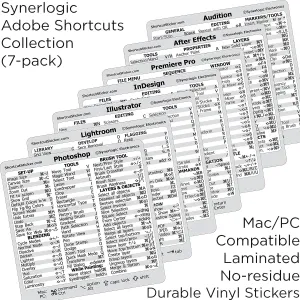 SYNERLOGIC Adobe Collection 7-in-1 Quick Reference Keyboard Shortcut Sticker, No-Residue Laminated Vinyl, for Any MacBook or Windows PC
