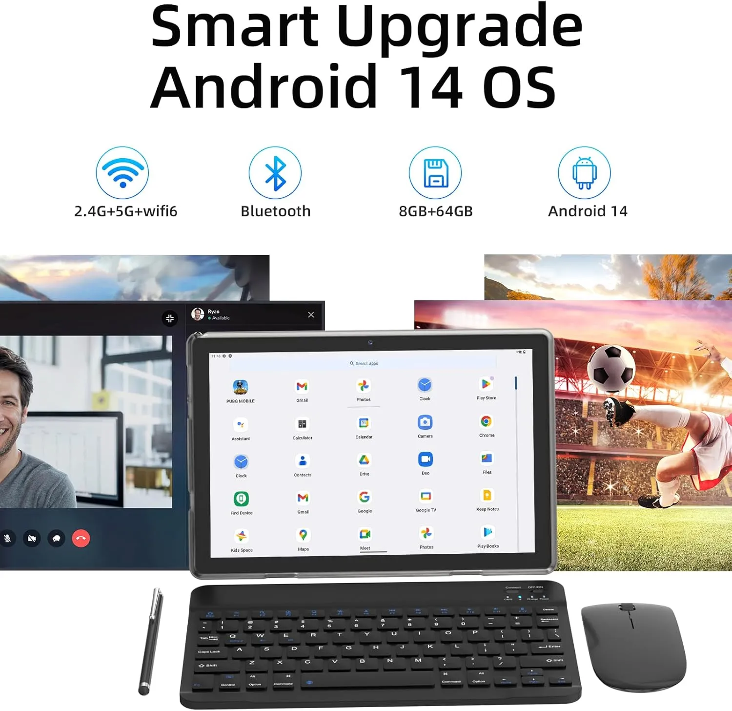 Tablet 10 Inch Android 14 Tableta, 2 in 1 Tablets with Keyboard Mouse Case Stylus, 8GB RAM 64GB ROM Support 1TB expansion, 2MP 8MP Dual Camera, 6000mAh Battery, Bluetooth WIFI6 1280 * 800 10.1" HD Tab