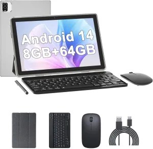 Tablet 10 Inch Android 14 Tableta, 2 in 1 Tablets with Keyboard Mouse Case Stylus, 8GB RAM 64GB ROM Support 1TB expansion, 2MP 8MP Dual Camera, 6000mAh Battery, Bluetooth WIFI6 1280 * 800 10.1" HD Tab