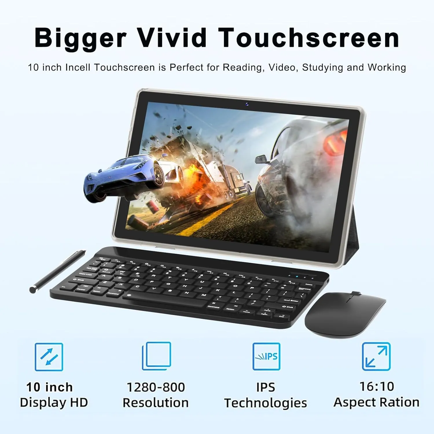Tablet 10 Inch Android 14 Tableta, 2 in 1 Tablets with Keyboard Mouse Case Stylus, 8GB RAM 64GB ROM Support 1TB expansion, 2MP 8MP Dual Camera, 6000mAh Battery, Bluetooth WIFI6 1280 * 800 10.1" HD Tab