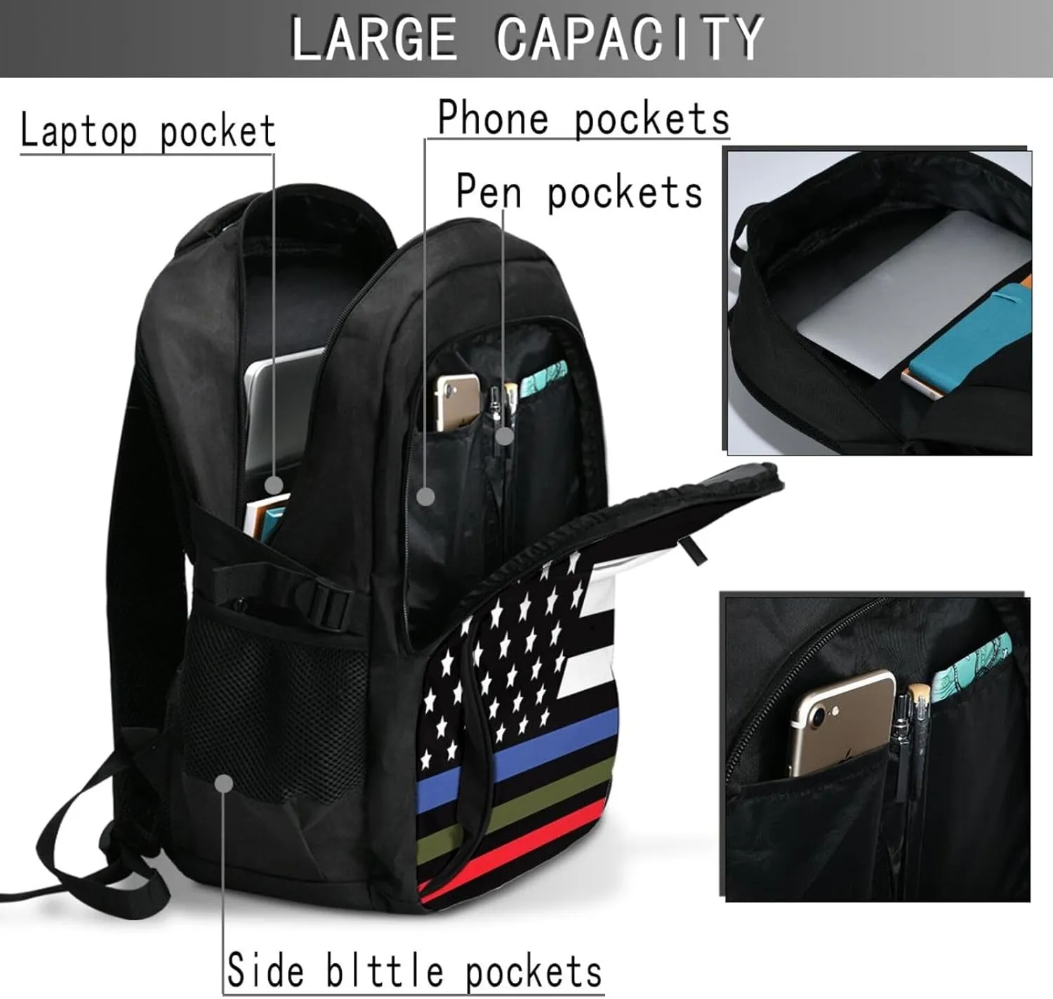 Thin Blue Red Green Line American Flags Travel Backpack Laptop Backpacks Business Rucksack Outdoor Daypack Large Sport Bag with Luggage Strap USB Charging Port for Hiking Working