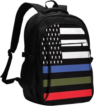 Thin Blue Red Green Line American Flags Travel Backpack Laptop Backpacks Business Rucksack Outdoor Daypack Large Sport Bag with Luggage Strap USB Charging Port for Hiking Working