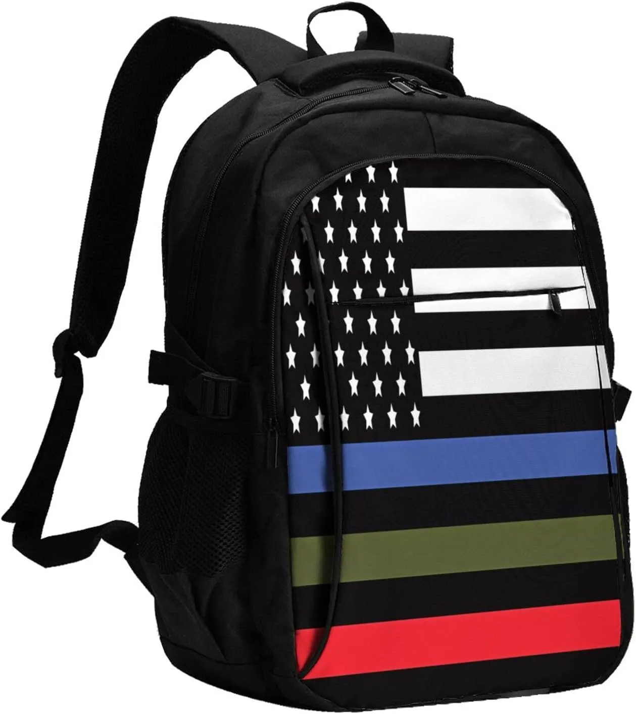 Thin Blue Red Green Line American Flags Travel Backpack Laptop Backpacks Business Rucksack Outdoor Daypack Large Sport Bag with Luggage Strap USB Charging Port for Hiking Working