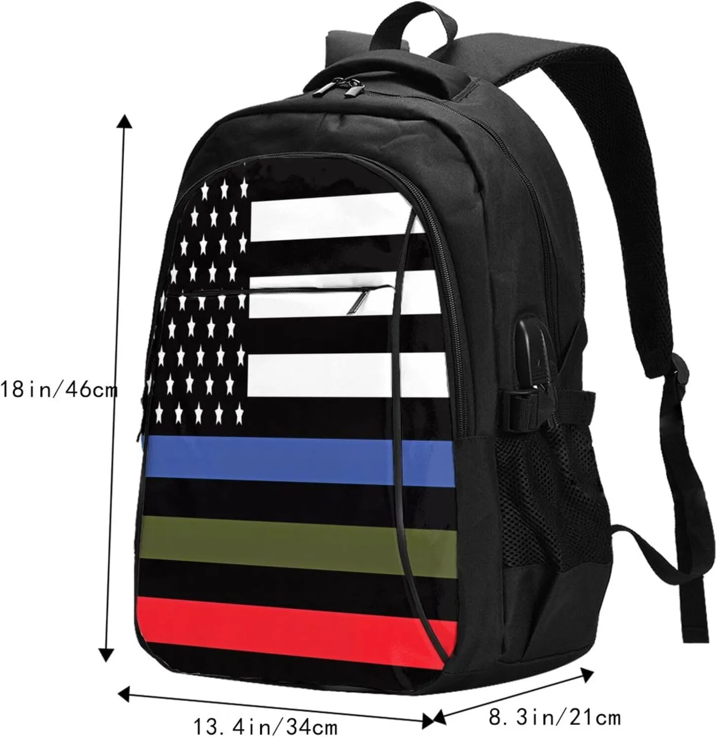 Thin Blue Red Green Line American Flags Travel Backpack Laptop Backpacks Business Rucksack Outdoor Daypack Large Sport Bag with Luggage Strap USB Charging Port for Hiking Working