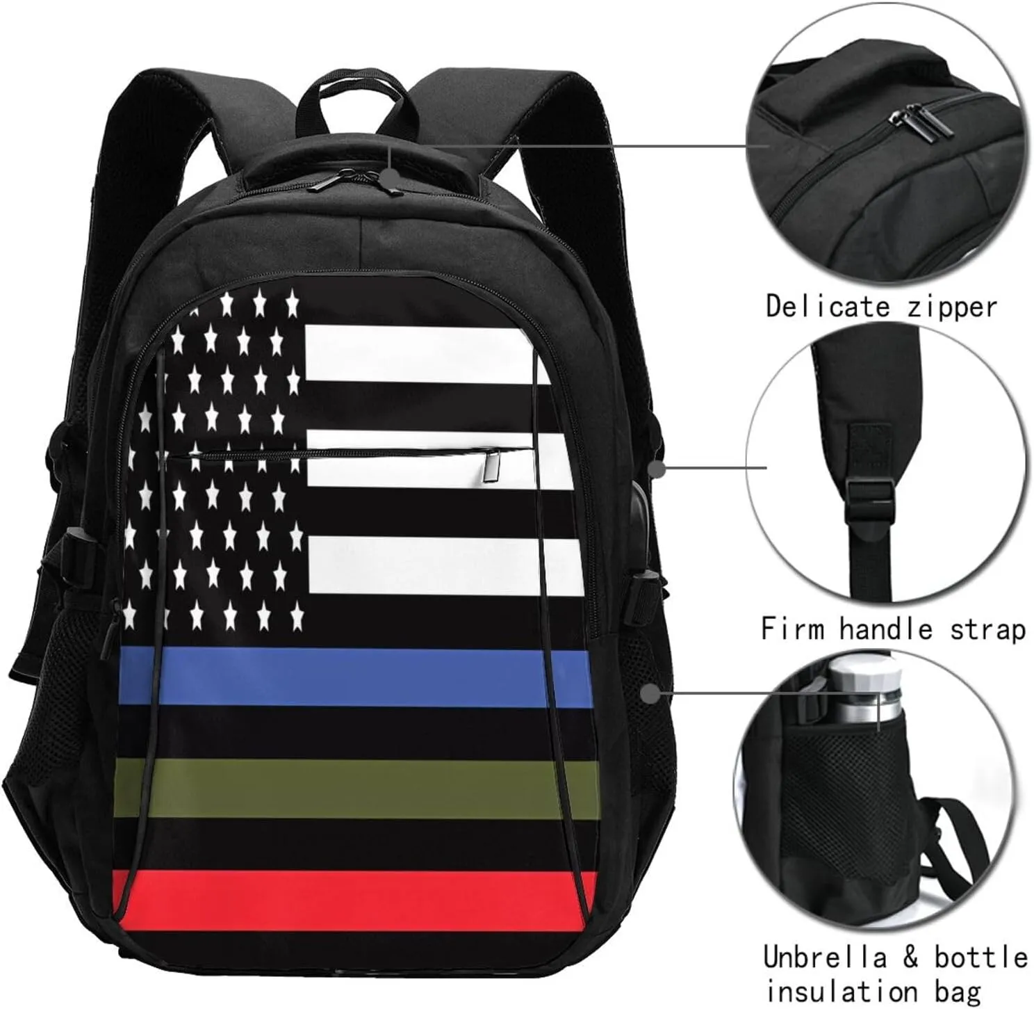 Thin Blue Red Green Line American Flags Travel Backpack Laptop Backpacks Business Rucksack Outdoor Daypack Large Sport Bag with Luggage Strap USB Charging Port for Hiking Working