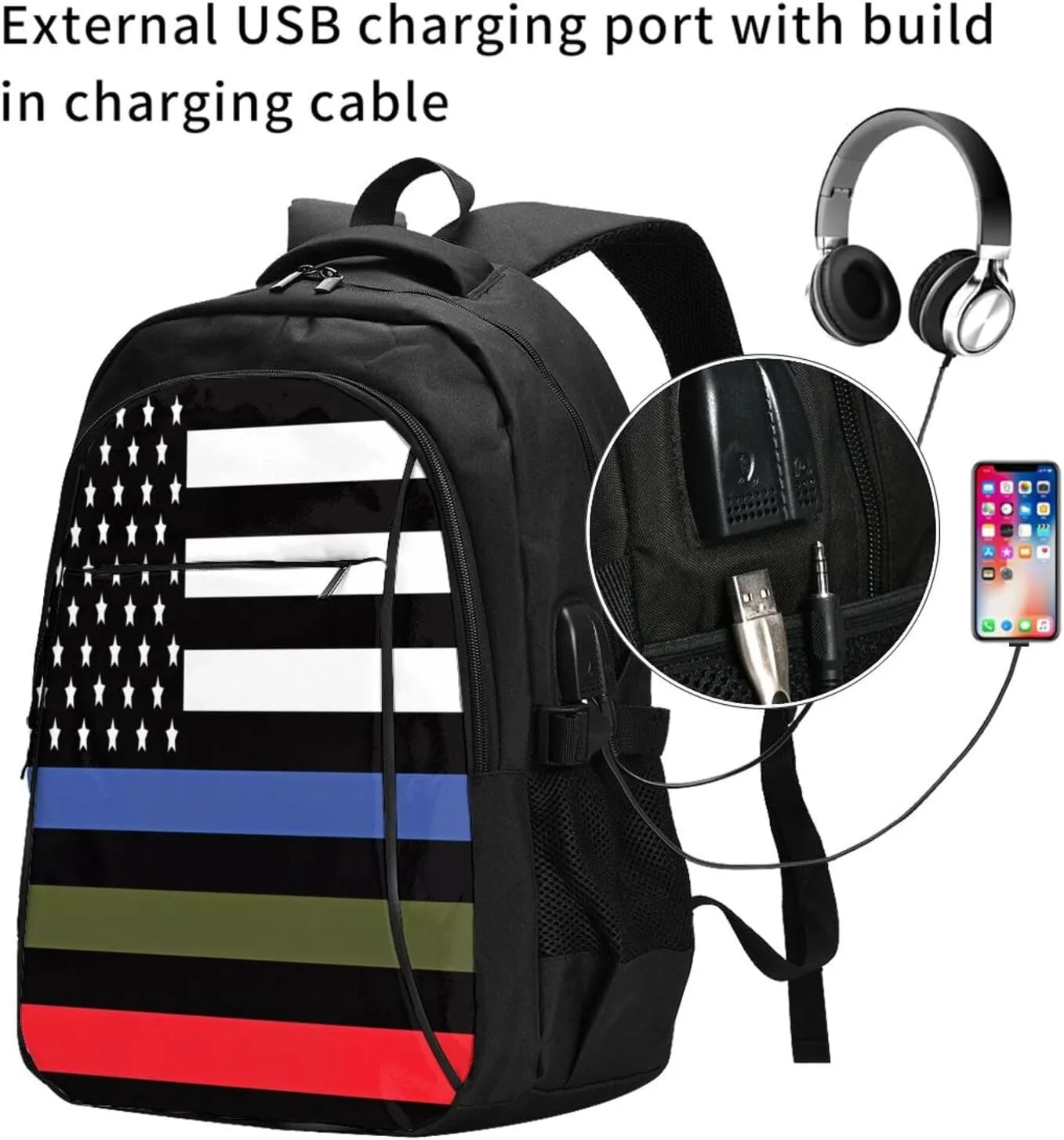 Thin Blue Red Green Line American Flags Travel Backpack Laptop Backpacks Business Rucksack Outdoor Daypack Large Sport Bag with Luggage Strap USB Charging Port for Hiking Working
