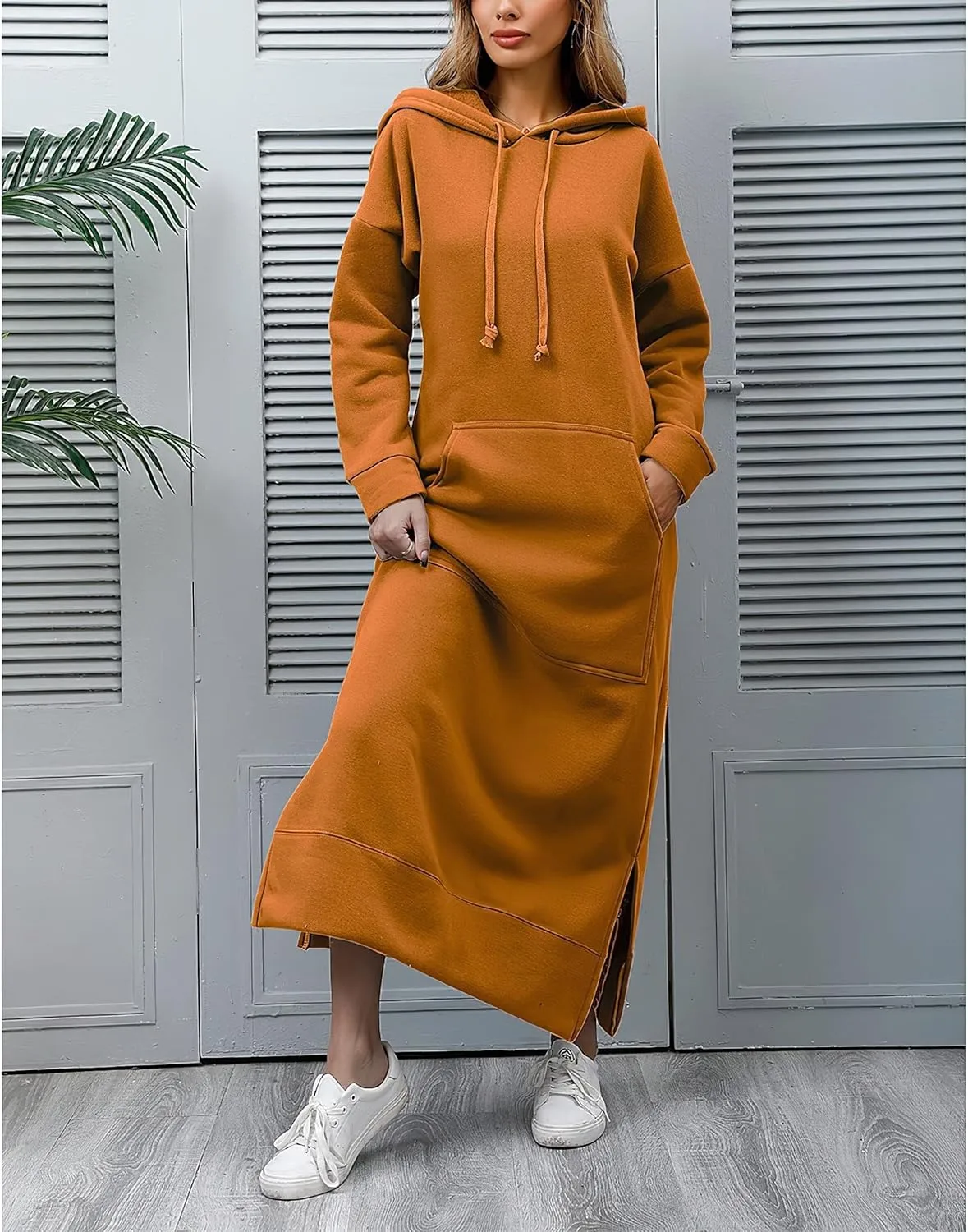 TIAFORD Women's Casual Plush Pullover Oversized Sweatshirt for Women Long Sleeve Drawstring Hoodie Maxi Dress with Pocket