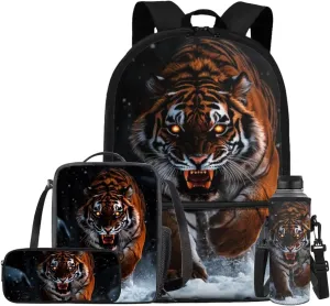 Tiger Elementary School Backpack for Boys with Lunchbox Bottle Pocket and Pencil Case 17" Cool Backpacks for Boys Kids Bookbags Lightweight School Bag for Students Hiking Daypacks