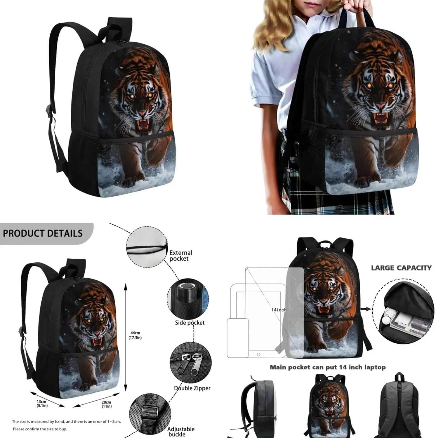 Tiger Elementary School Backpack for Boys with Lunchbox Bottle Pocket and Pencil Case 17" Cool Backpacks for Boys Kids Bookbags Lightweight School Bag for Students Hiking Daypacks