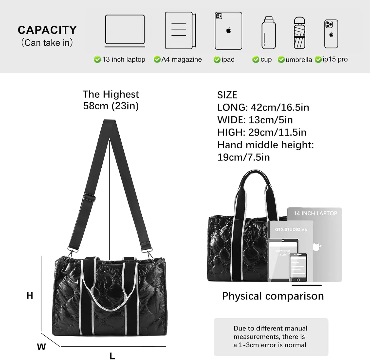 Tote Bag for Women Large Quilted Handbag Detachable Strap Crossbody Bag Down Cushion Shoulder Handbag