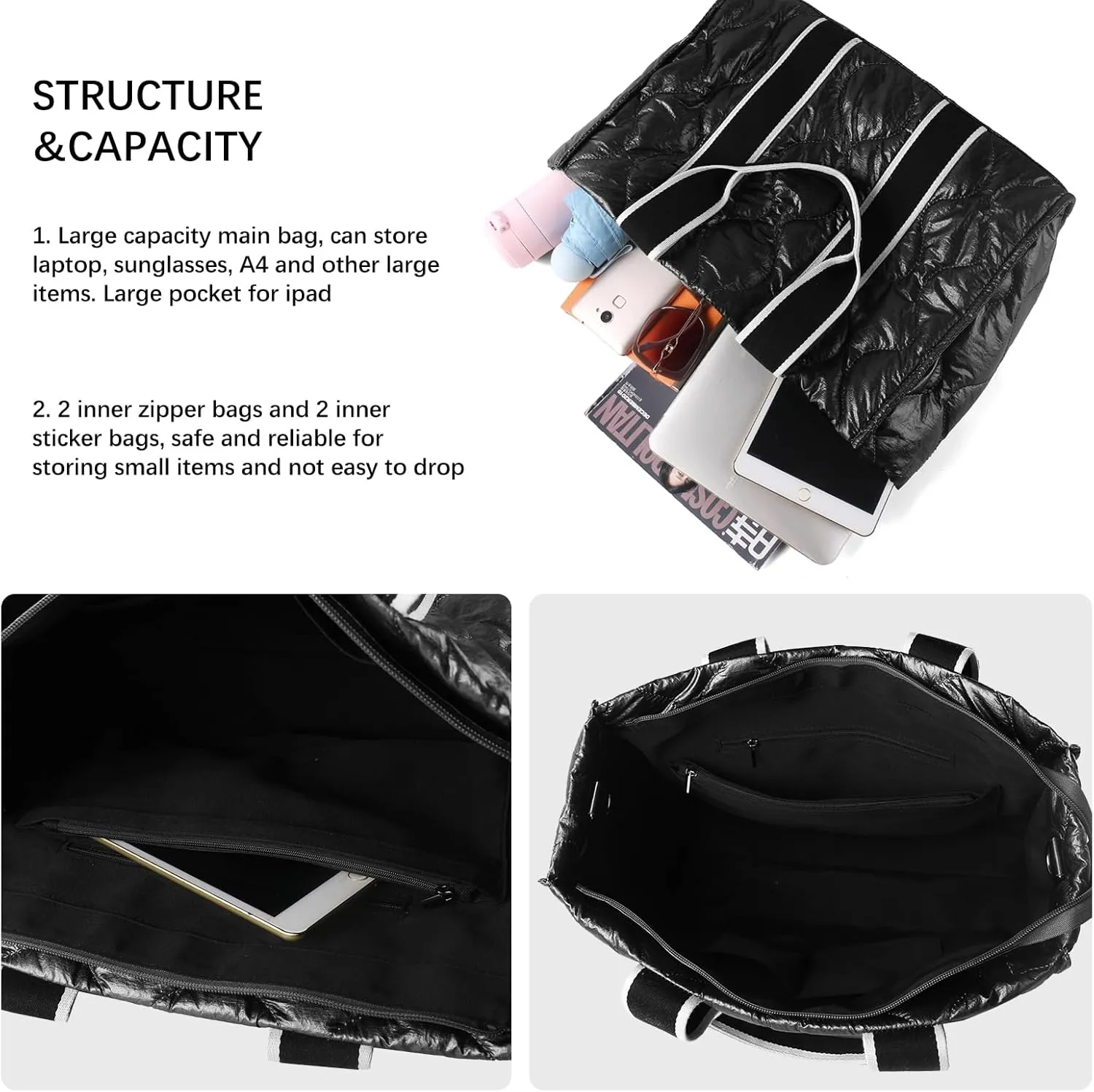 Tote Bag for Women Large Quilted Handbag Detachable Strap Crossbody Bag Down Cushion Shoulder Handbag