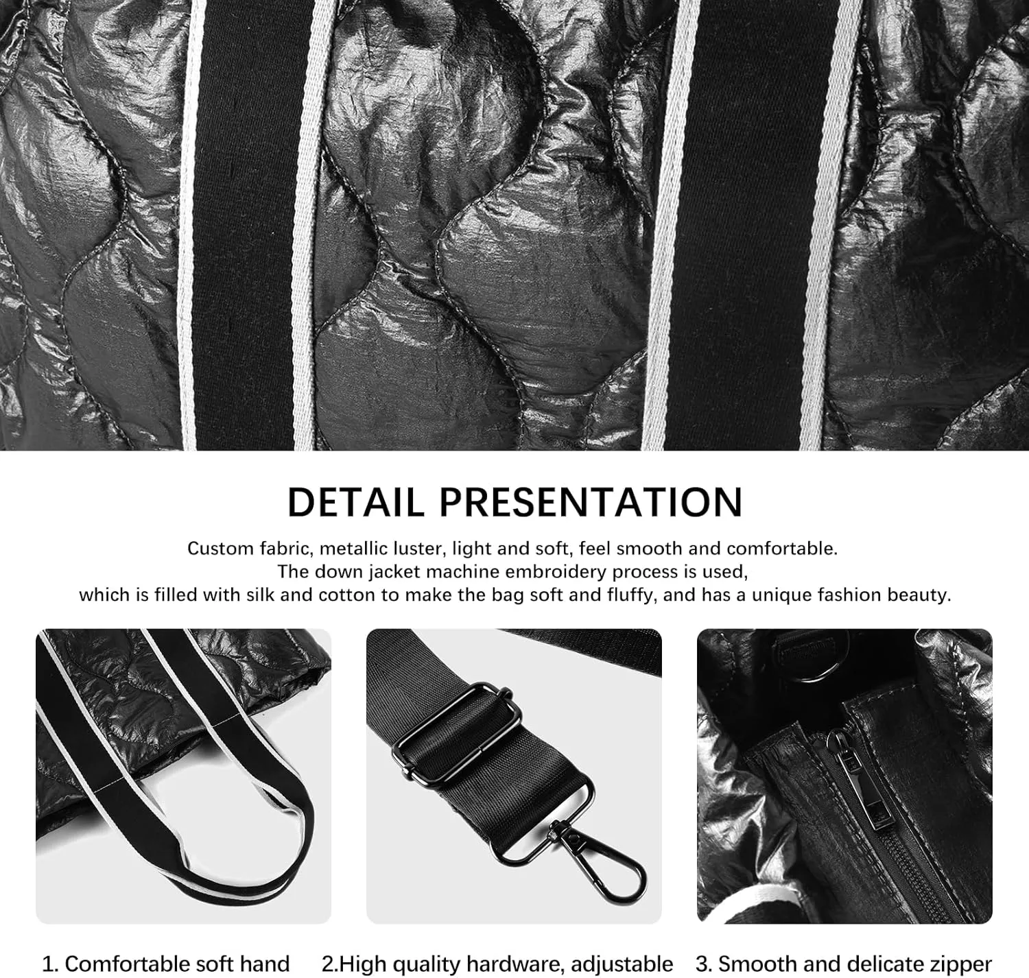 Tote Bag for Women Large Quilted Handbag Detachable Strap Crossbody Bag Down Cushion Shoulder Handbag