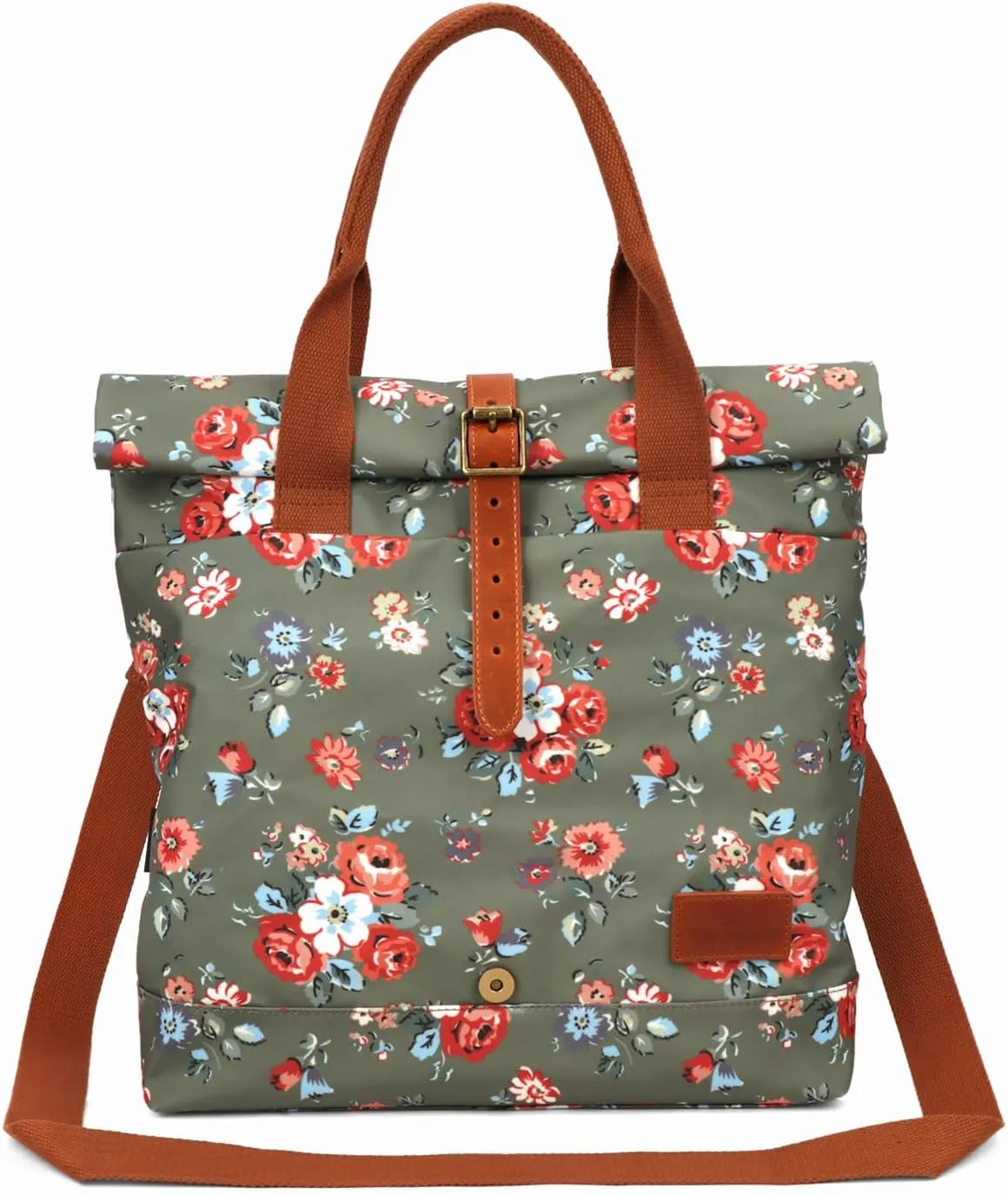 TOURBON Canvas Bike Bag for Bicycle Rear Rack Pannier Roll-top Women Tote Shoulder Bag (Green with Flower)