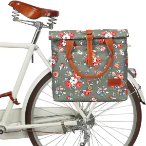 TOURBON Canvas Bike Bag for Bicycle Rear Rack Pannier Roll-top Women Tote Shoulder Bag (Green with Flower)