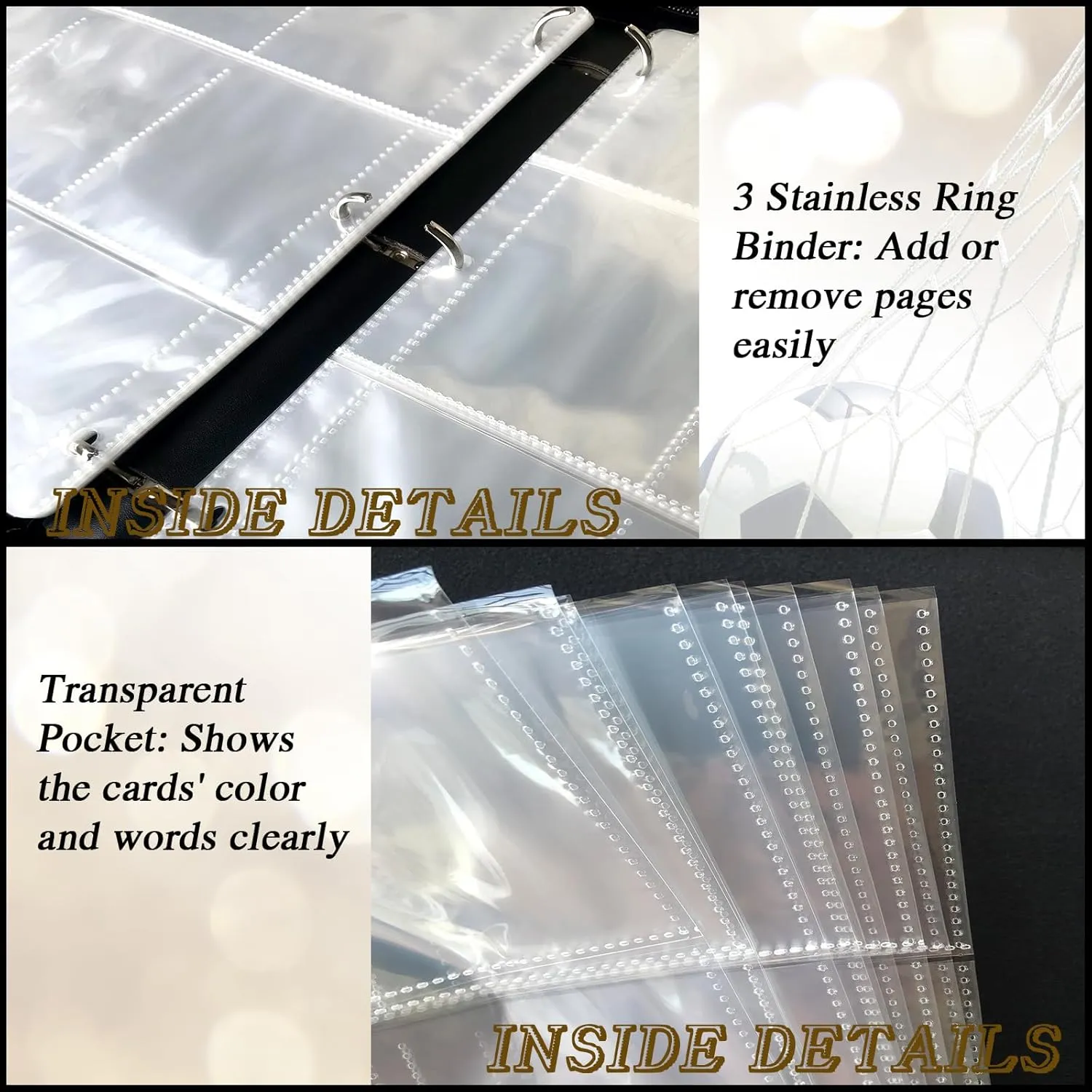 Trading Card Binder 900 Pockets, Soccer Card Binder Holder with 50 Removable Sleeves Fits 900 Sport Cards, Soccer Card Gifts Collector Album with Zipper Storage Display Case