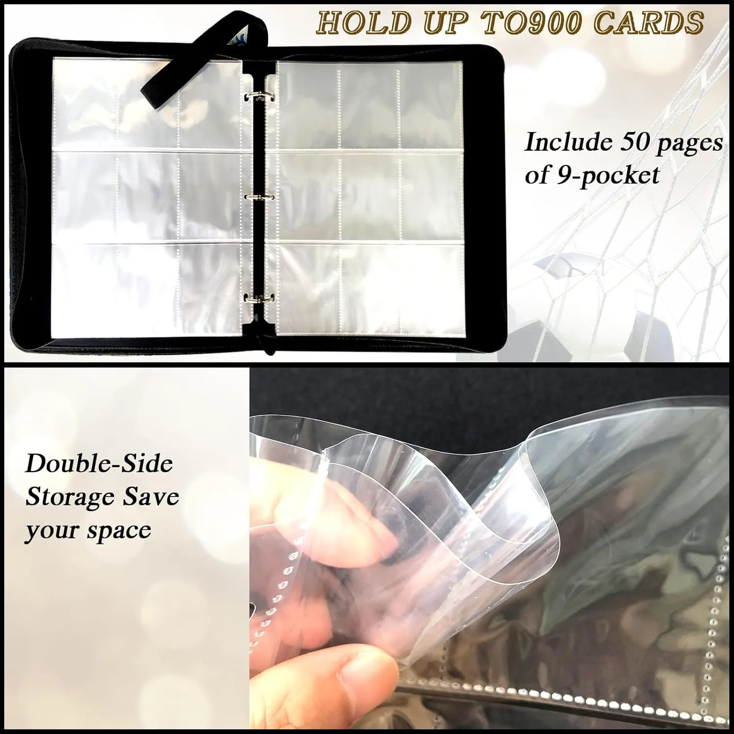 Trading Card Binder 900 Pockets, Soccer Card Binder Holder with 50 Removable Sleeves Fits 900 Sport Cards, Soccer Card Gifts Collector Album with Zipper Storage Display Case
