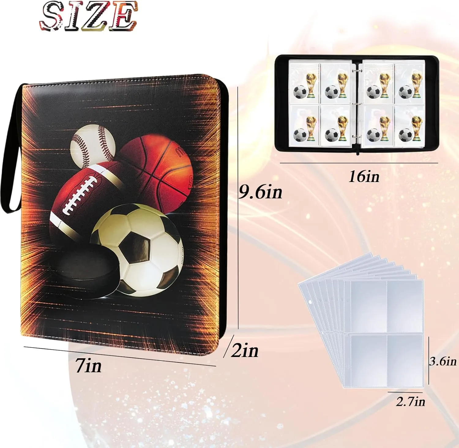 Trading Card Binder, Sports Card Binder 4 Pocket with 50 Sleeves Fits 400 Sport Cards, Sports Card Holder Binder with Zipper, Soccer Football Baseball Basketball Hockey Card Gifts Collection Storage