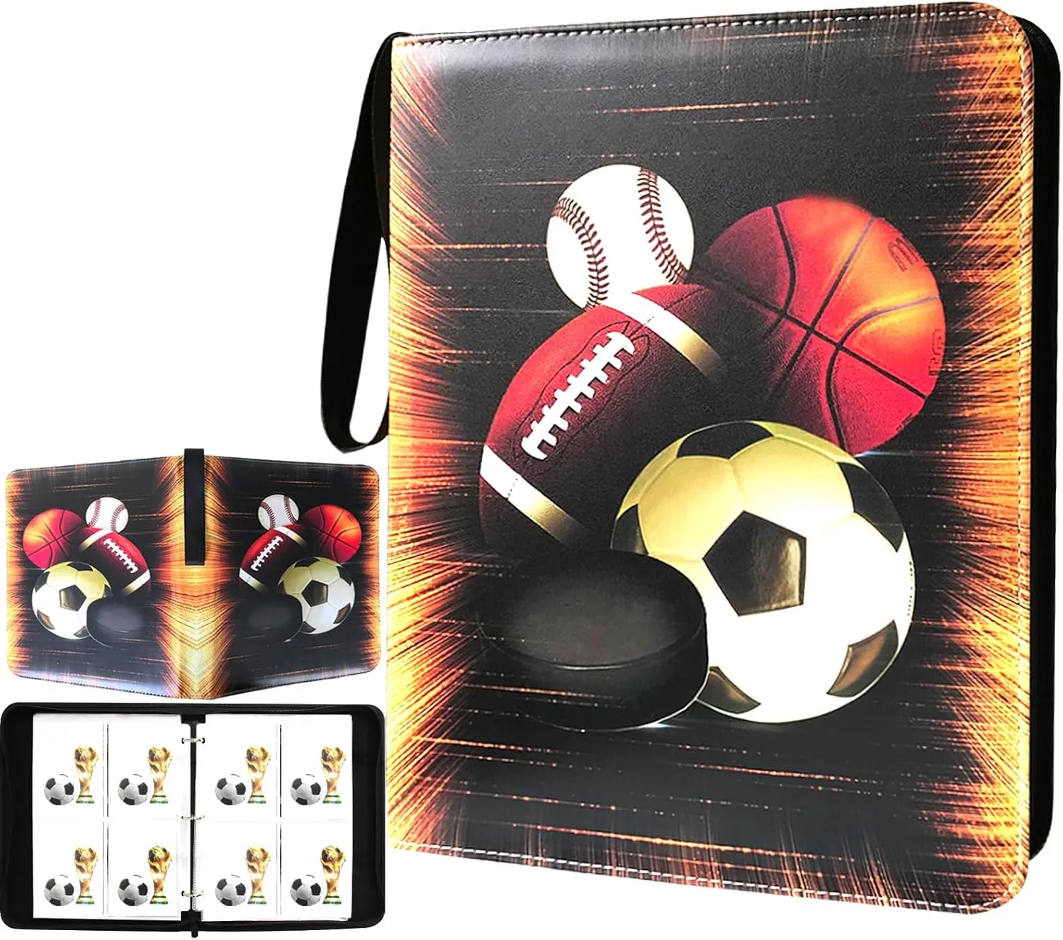 Trading Card Binder, Sports Card Binder 4 Pocket with 50 Sleeves Fits 400 Sport Cards, Sports Card Holder Binder with Zipper, Soccer Football Baseball Basketball Hockey Card Gifts Collection Storage