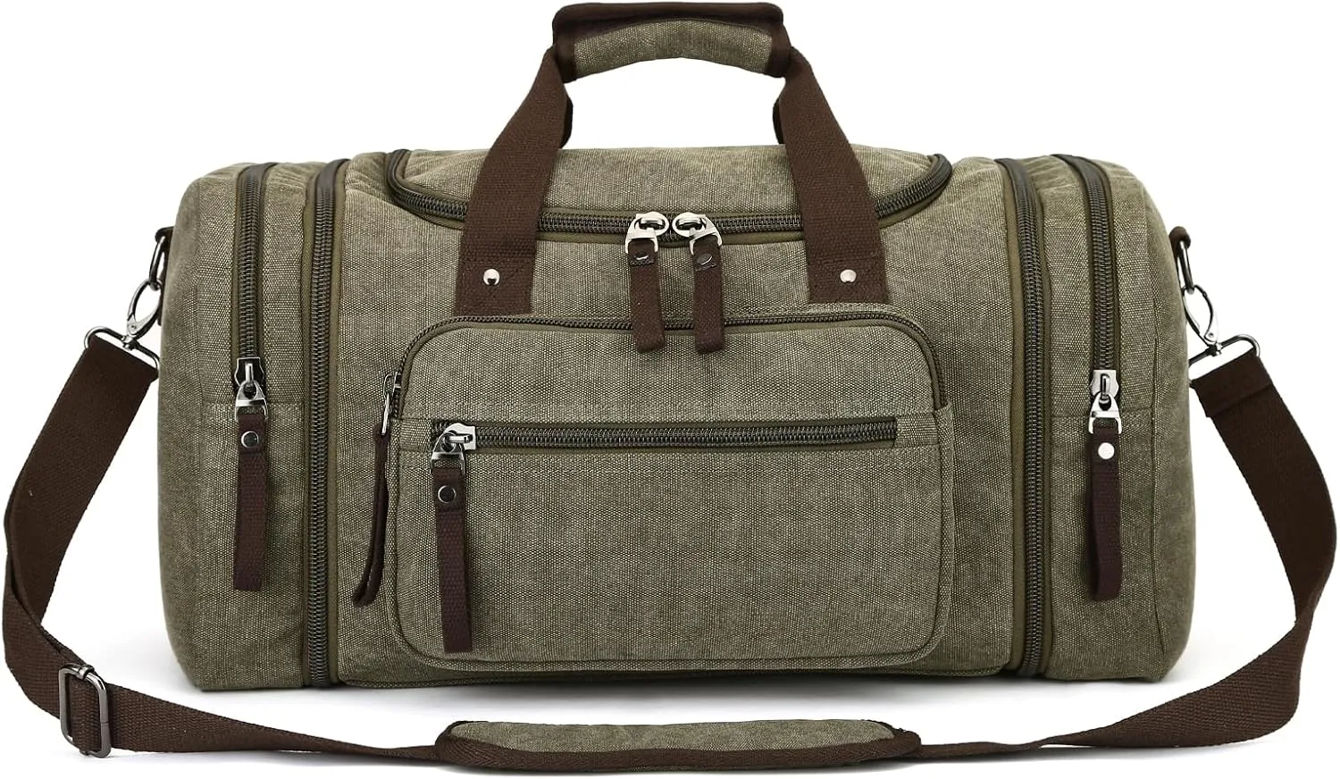Travel bag large capacity men's luggage bag, expandable canvas leather 55 liters large capacity weekend hiking waterproof(green)