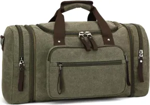Travel bag large capacity men's luggage bag, expandable canvas leather 55 liters large capacity weekend hiking waterproof(green)