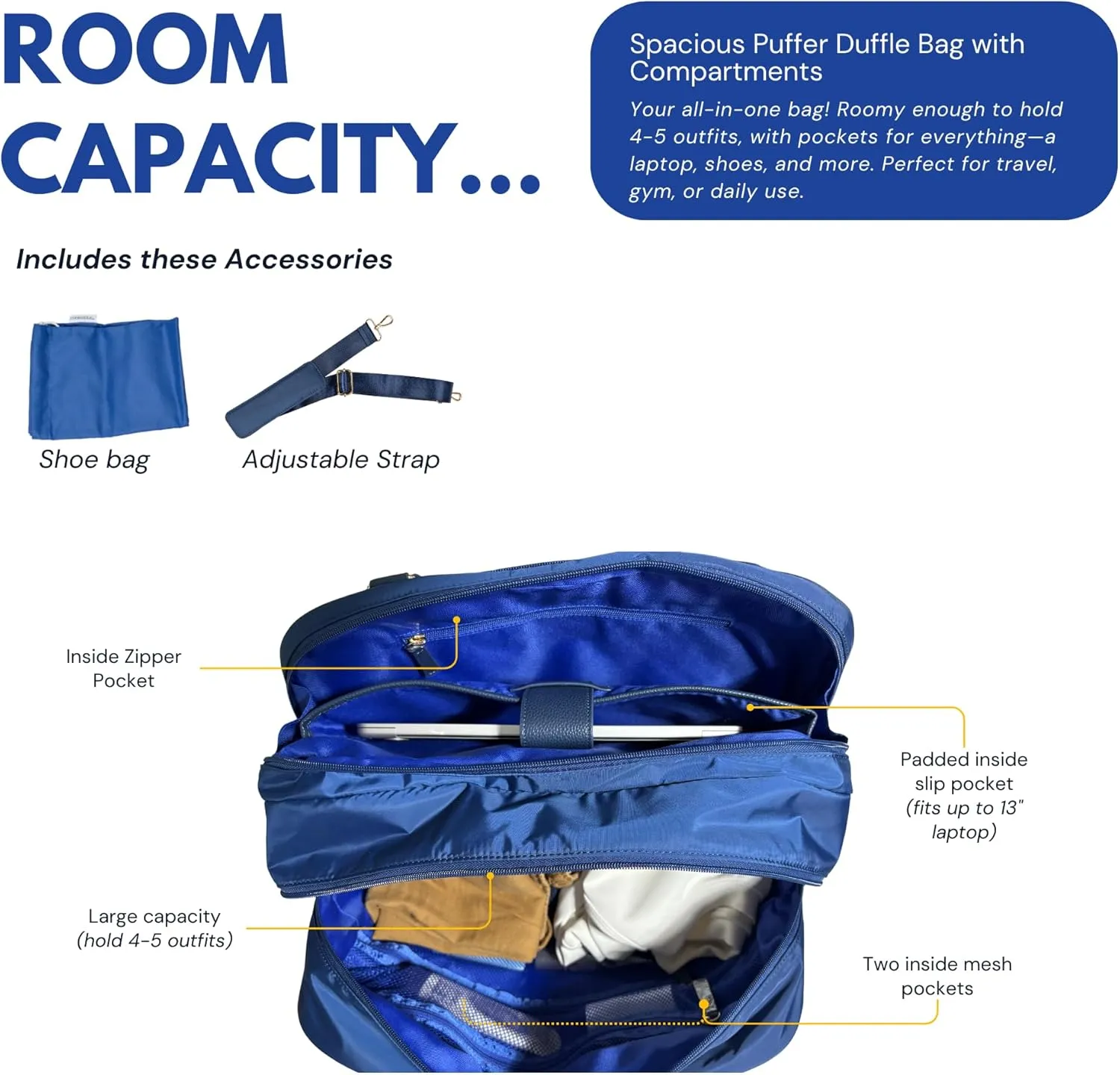 Travel Duffle Bag, Weekender Bag, Overnight Bag, Gym Bag with Expandable Bottom, Shoe Compartment, and Fits 13" Laptop (Royal Blue)