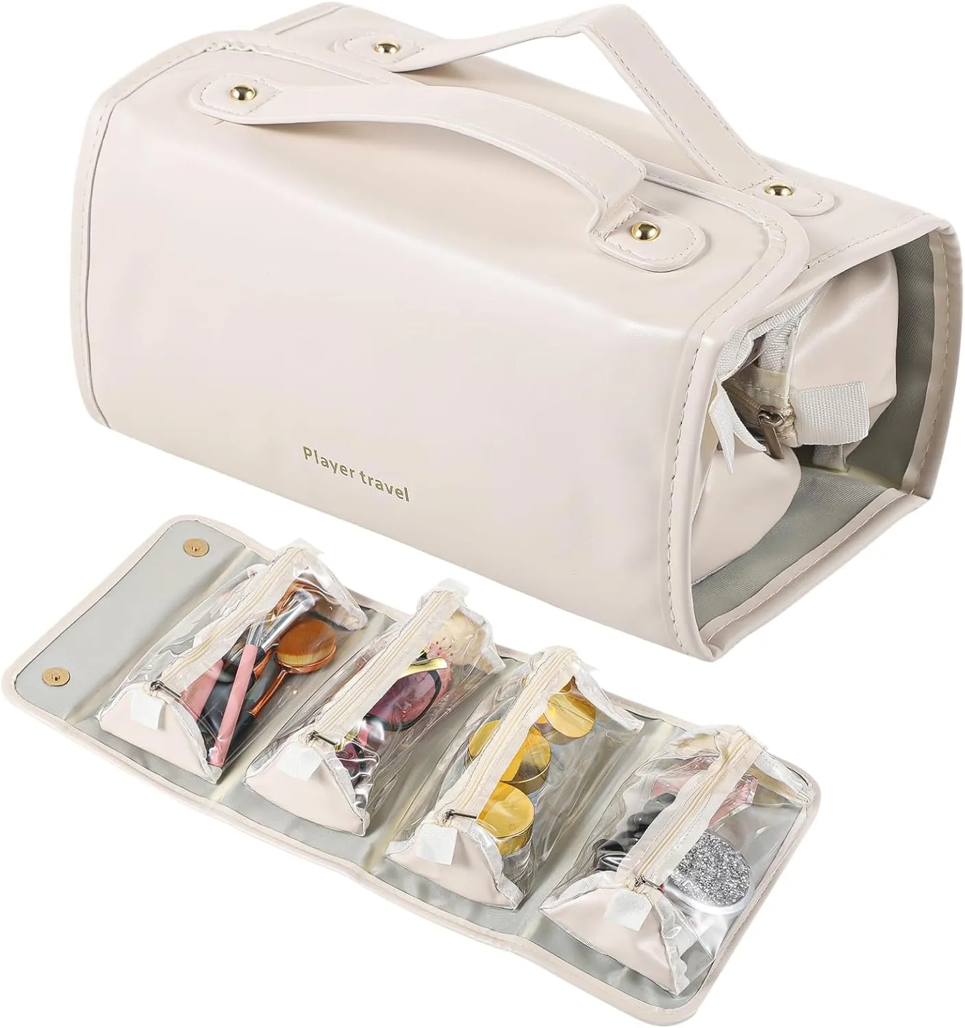 Travel-Friendly Makeup Bag, Beige Leather Organizer with Expandable Large Capacity and Portable Folding Design