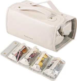 Travel-Friendly Makeup Bag, Beige Leather Organizer with Expandable Large Capacity and Portable Folding Design