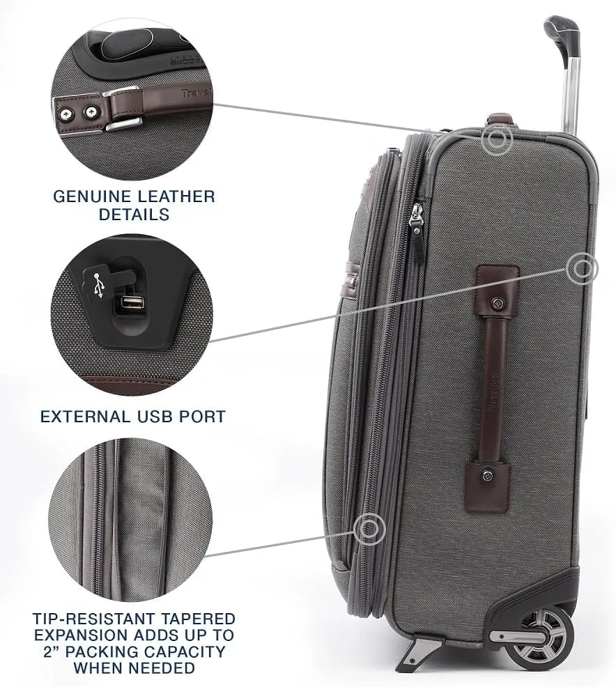 Travelpro Platinum Elite Softside Expandable Carry on Luggage, 2 Wheel Upright Suitcase, USB Port, Men and Women, Vintage Grey, Carry On 22-Inch