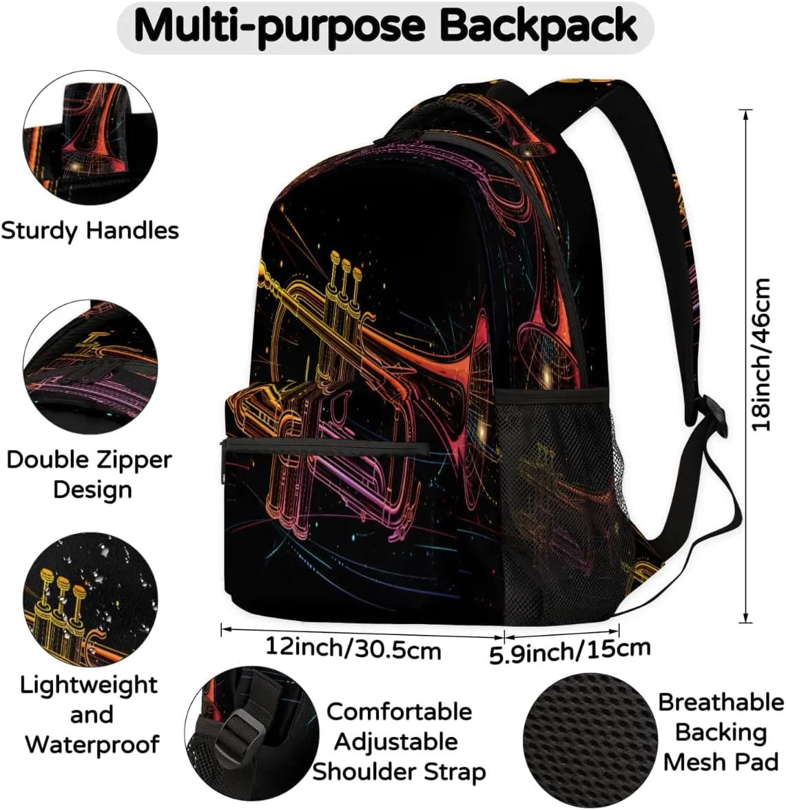 TropicalLife Trumpet 18 Inch Travel Laptop Backpack for Women Men Large Business Travel Rucksack Waterproof Casual Daypack