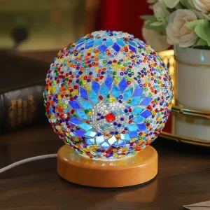 Turkish Table lamp, Handmade Mosaic Glass Lamps with Wooden Base, Bohemian Tiffany Bedside Lamps, USB Power Moroccan Vintage Lantern for Living Room Decorations(Blue)