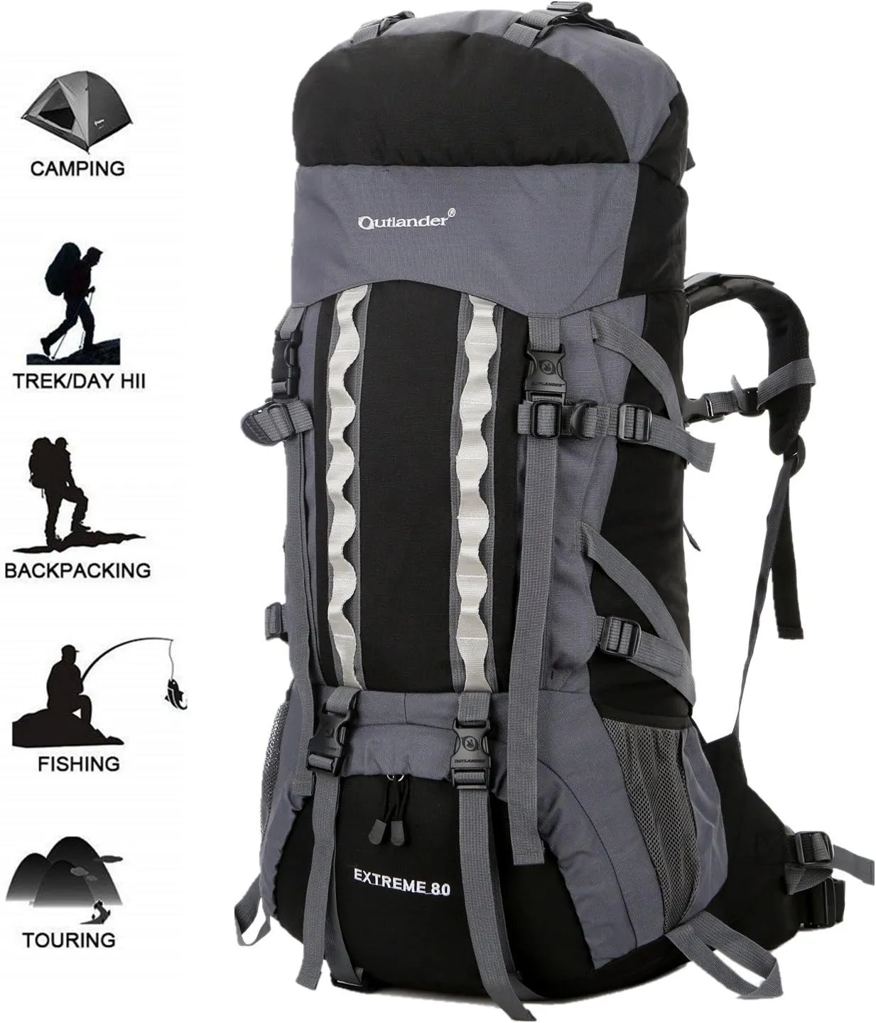 UNISTRENGH 80L Internal Frame Backpacks Outdoor Nylon Hiking Backpack Water-resistant Trekking Bag with Rain Cover for Camping Mountaineering Traveling (Black)