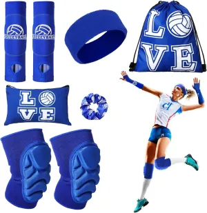 Vabean 8 Pcs Volleyball Accessories,Include Volleyball Arm Sleeves Knee Pads Sport Hair Scrunchies Sweat Band Drawstring Bag Cosmetic Bag Wrist Guard Knee Brace
