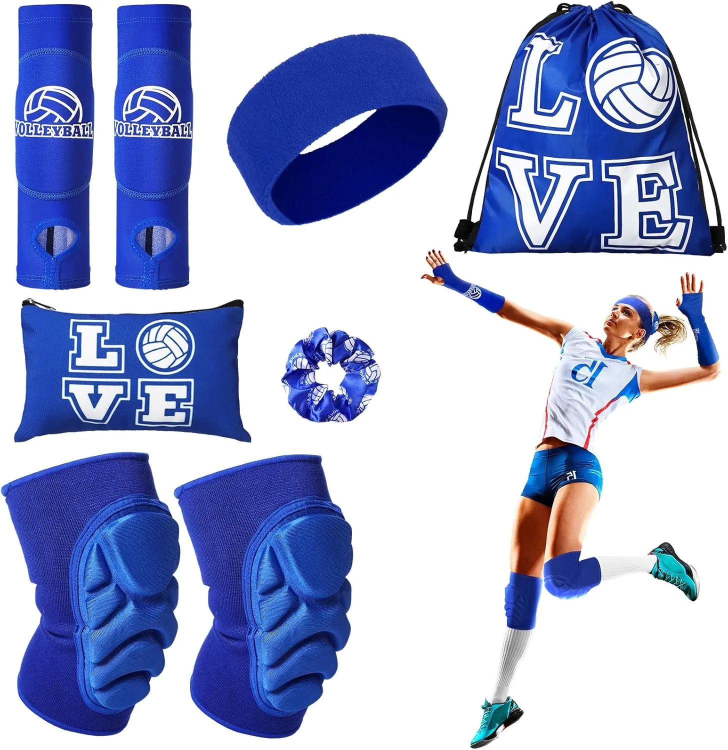 Vabean 8 Pcs Volleyball Accessories,Include Volleyball Arm Sleeves Knee Pads Sport Hair Scrunchies Sweat Band Drawstring Bag Cosmetic Bag Wrist Guard Knee Brace