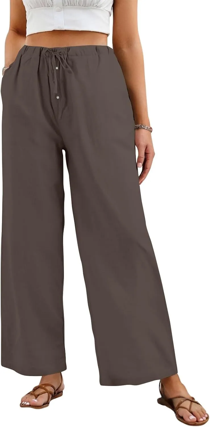 Wide Leg Linen Pants Women Drawstring High Waist Lightweight Palazzo Pants Lounge Boho Beach Flowy Trousers w/Pockets