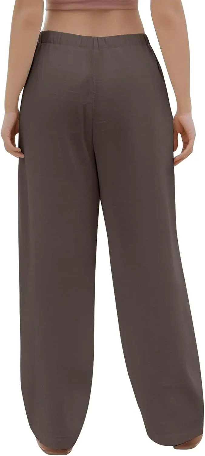 Wide Leg Linen Pants Women Drawstring High Waist Lightweight Palazzo Pants Lounge Boho Beach Flowy Trousers w/Pockets