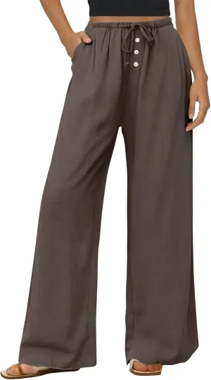Wide Leg Linen Pants Women Drawstring High Waist Lightweight Palazzo Pants Lounge Boho Beach Flowy Trousers w/Pockets