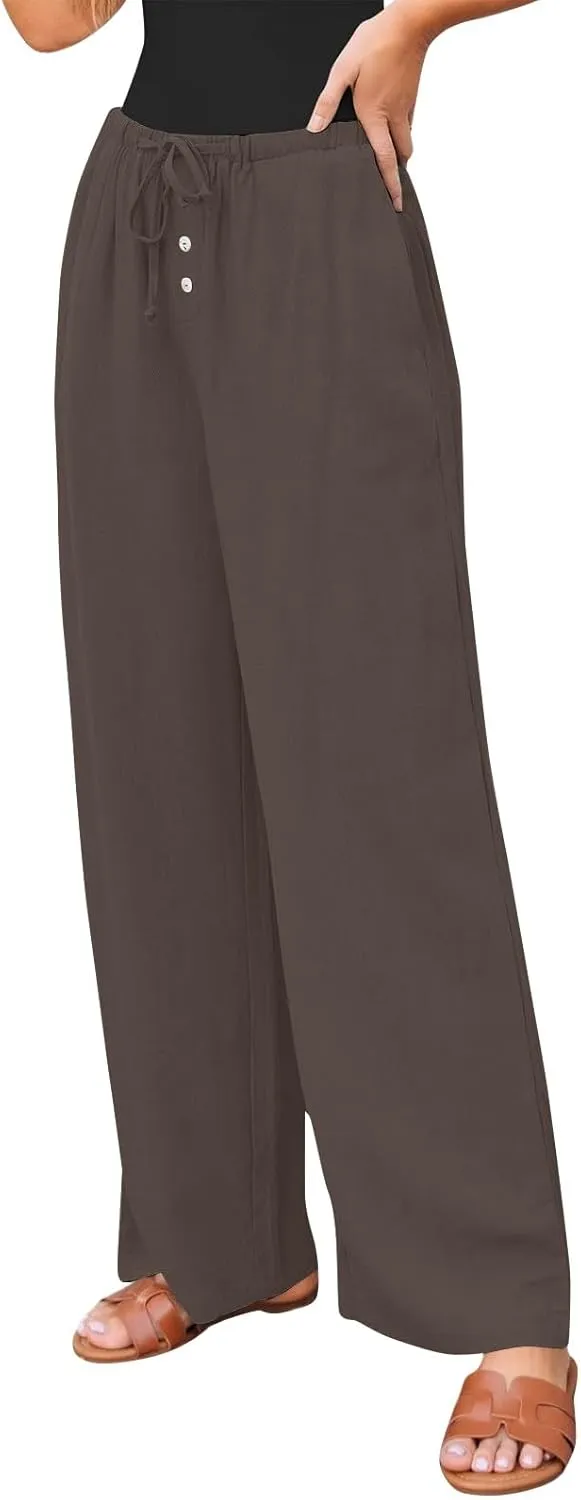 Wide Leg Linen Pants Women Drawstring High Waist Lightweight Palazzo Pants Lounge Boho Beach Flowy Trousers w/Pockets