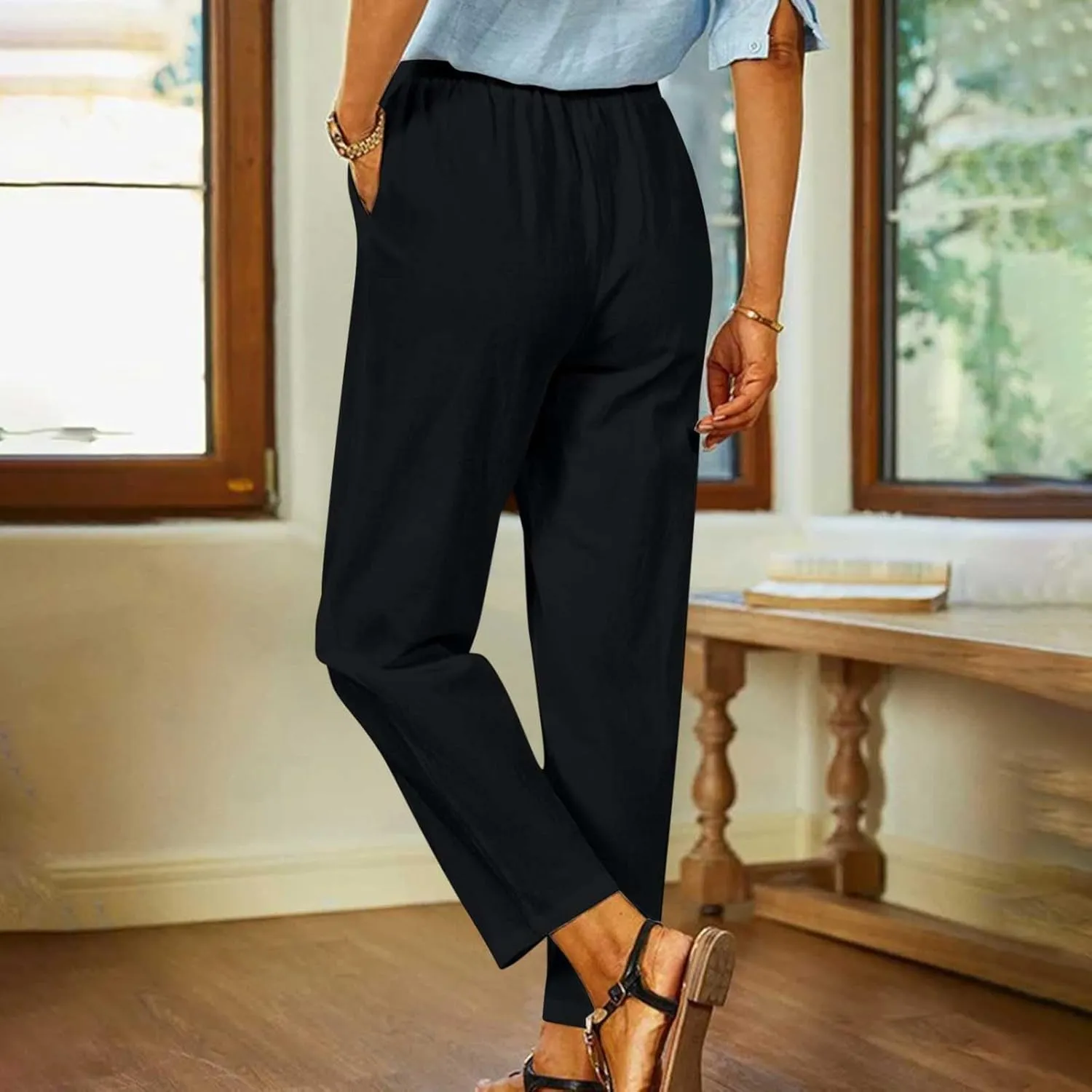 Wide Leg Pants Woman Vintage Loose Cotton Linen Summer Beach Pants Capris Pants Casual Plus Size Palazzo Long Lounge Trousers