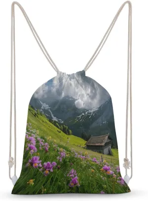 Wildflowers And Cabin Drawstring Backpack for Women Men Drawstring Bag for Travel Swimming Sports Gym Bag