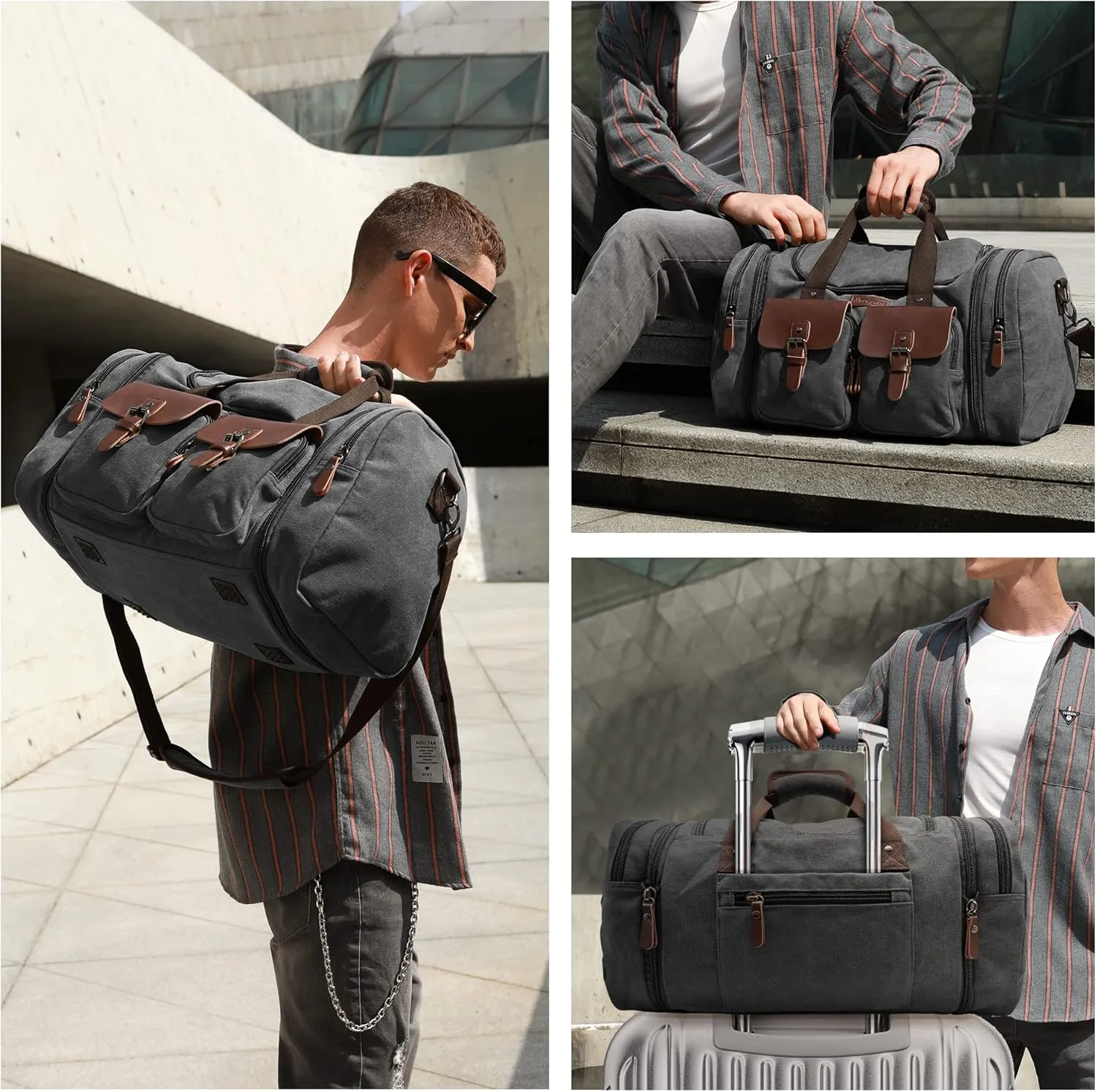 Wildroad 50L Travel Duffel Bag, Expandable Canvas Genuine Leather Duffle Bag Upgraded Overnight Weekender Carry on Bag