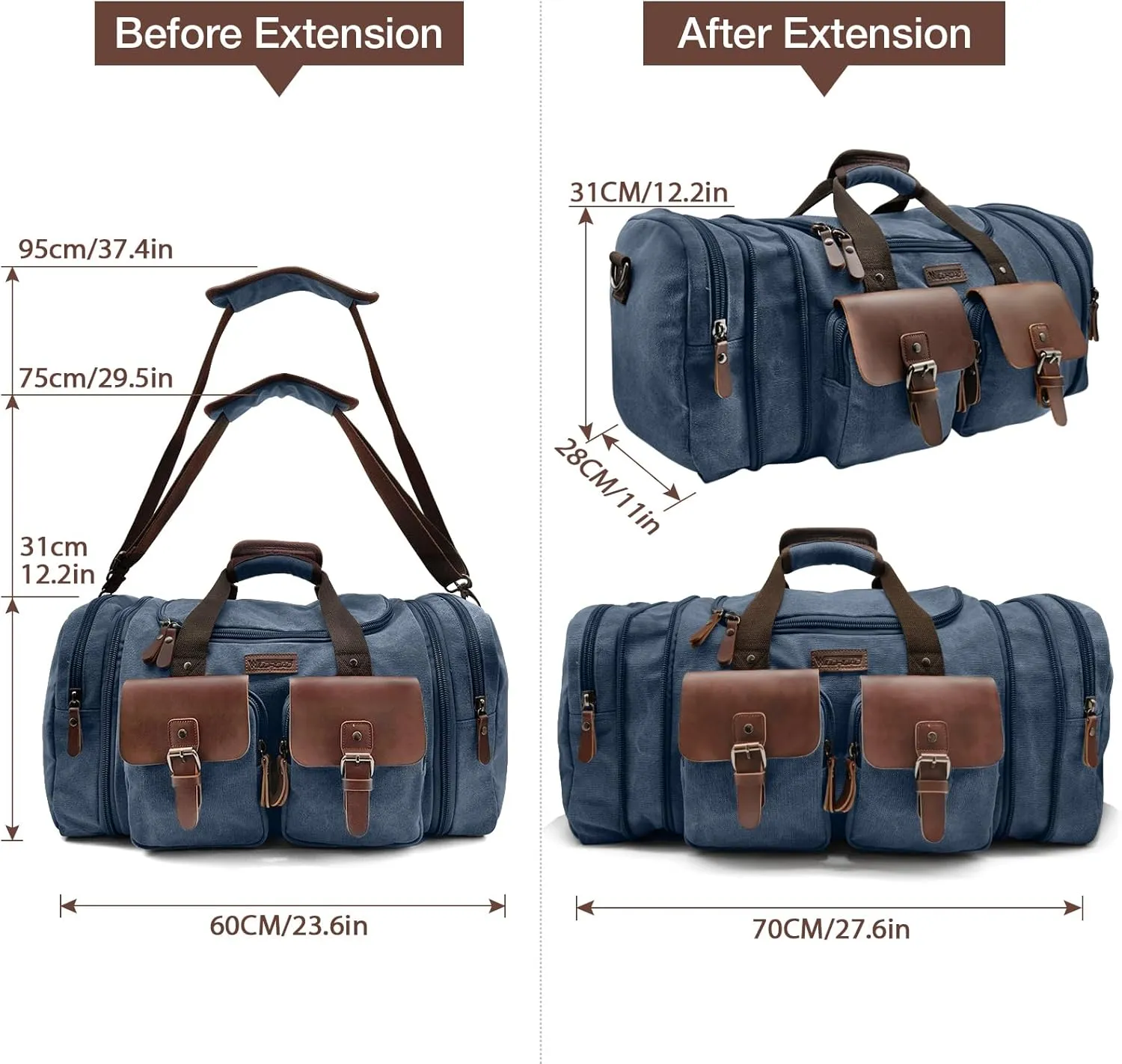Wildroad 60L Travel Duffel Bag, Expandable Canvas Genuine Leather Duffle Bag Upgraded Overnight Weekender Carry on Bag (Navy Blue, X Large-60L)