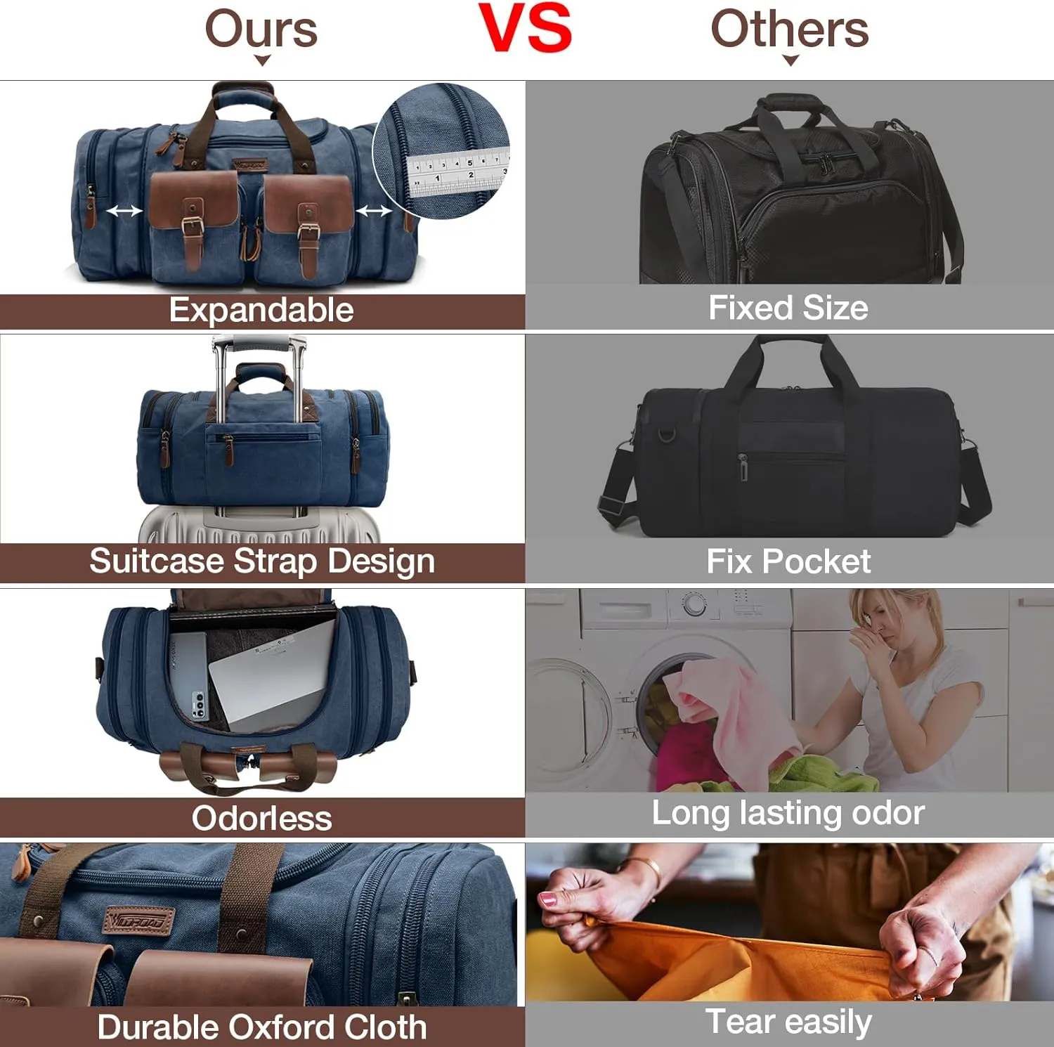Wildroad 60L Travel Duffel Bag, Expandable Canvas Genuine Leather Duffle Bag Upgraded Overnight Weekender Carry on Bag (Navy Blue, X Large-60L)