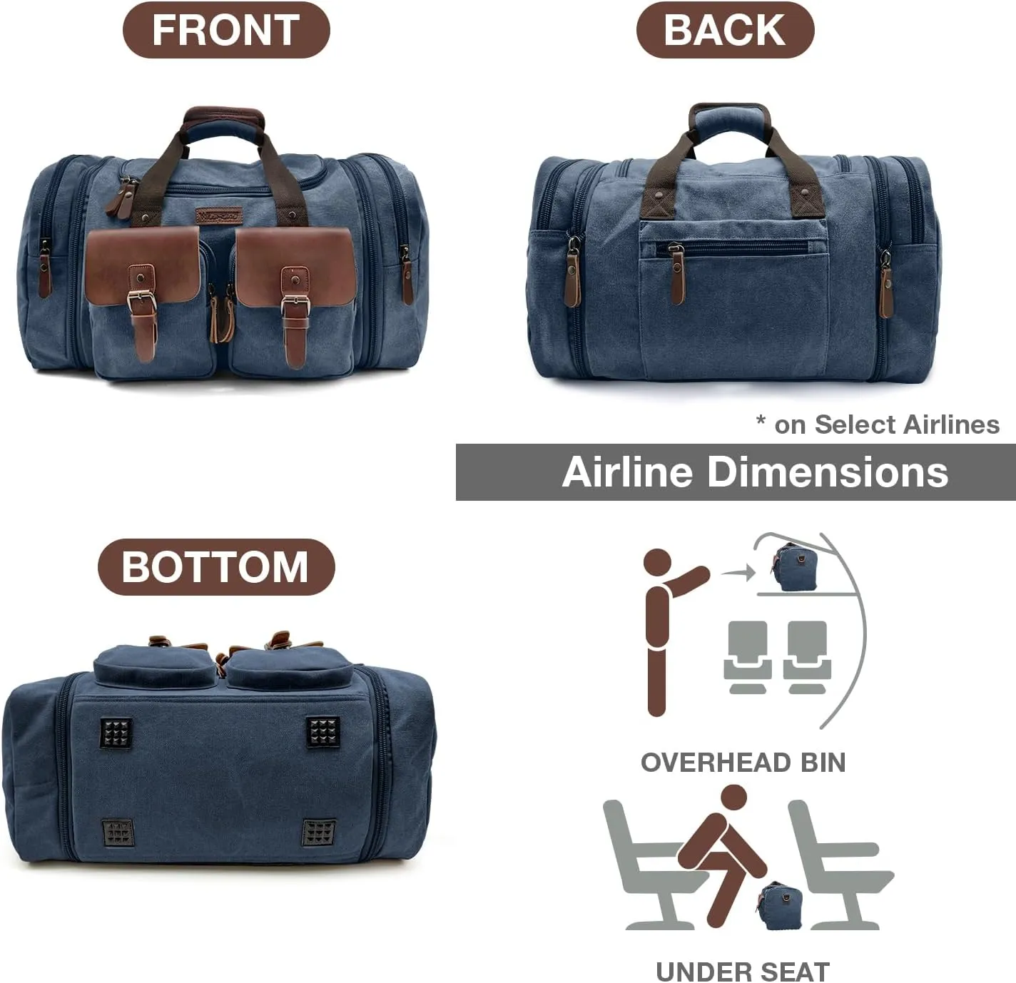 Wildroad 60L Travel Duffel Bag, Expandable Canvas Genuine Leather Duffle Bag Upgraded Overnight Weekender Carry on Bag (Navy Blue, X Large-60L)