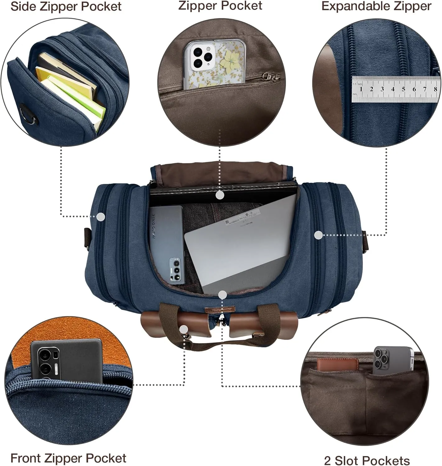 Wildroad 60L Travel Duffel Bag, Expandable Canvas Genuine Leather Duffle Bag Upgraded Overnight Weekender Carry on Bag (Navy Blue, X Large-60L)