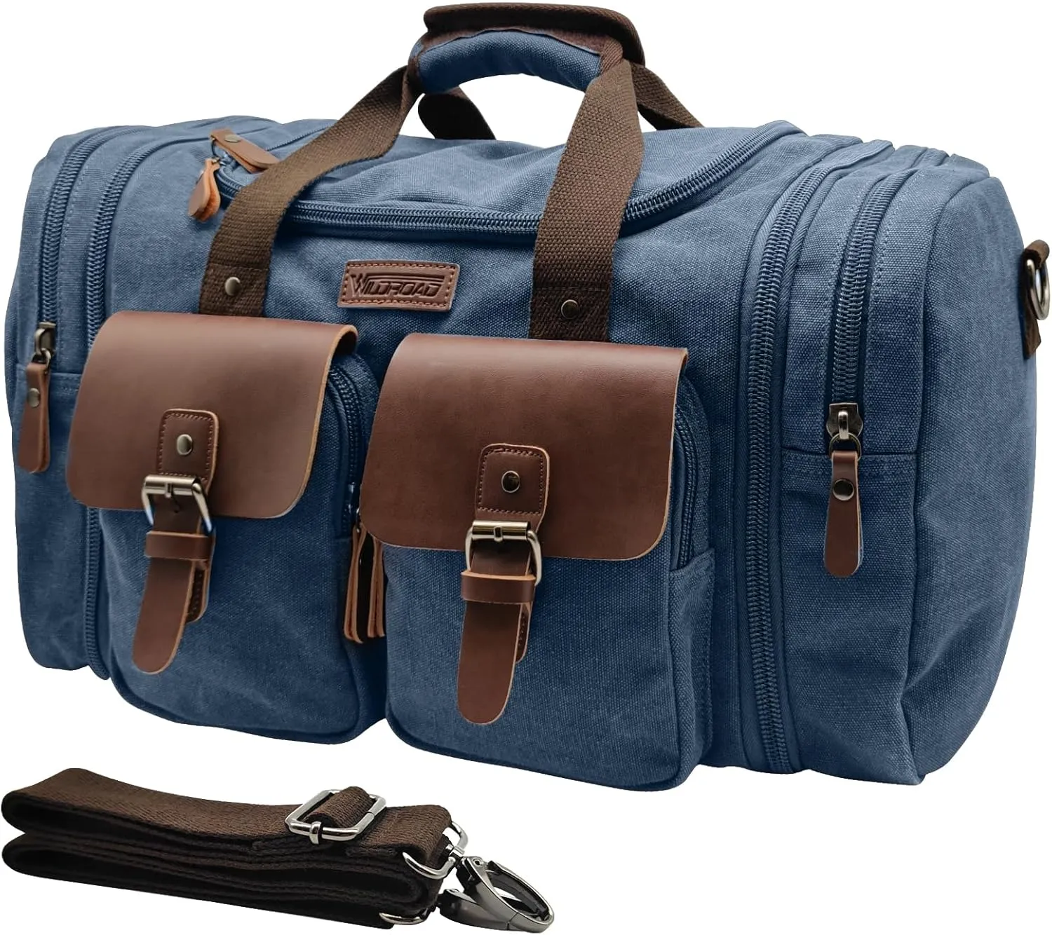 Wildroad 60L Travel Duffel Bag, Expandable Canvas Genuine Leather Duffle Bag Upgraded Overnight Weekender Carry on Bag (Navy Blue, X Large-60L)