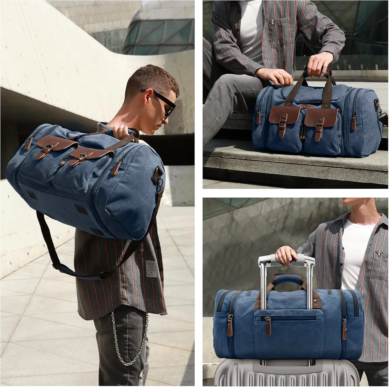 Wildroad 60L Travel Duffel Bag, Expandable Canvas Genuine Leather Duffle Bag Upgraded Overnight Weekender Carry on Bag (Navy Blue, X Large-60L)