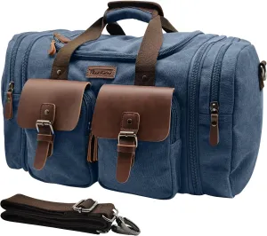 Wildroad 60L Travel Duffel Bag, Expandable Canvas Genuine Leather Duffle Bag Upgraded Overnight Weekender Carry on Bag (Navy Blue, X Large-60L)