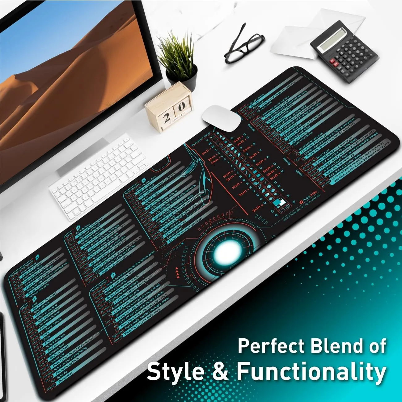 Windows, Office, Excel, Adobe Photoshop Shortcut Keys Extended Large Mouse Pad | Gaming Desk Mat for PC. Stitched Edge Non-Slip Base Mousepad, Keyboard Mat